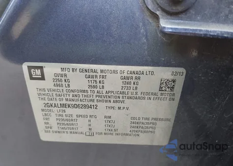 2013 GMC Terrain Sle-1 from USA, damaged, VIN 2GKALMEK9D6289412